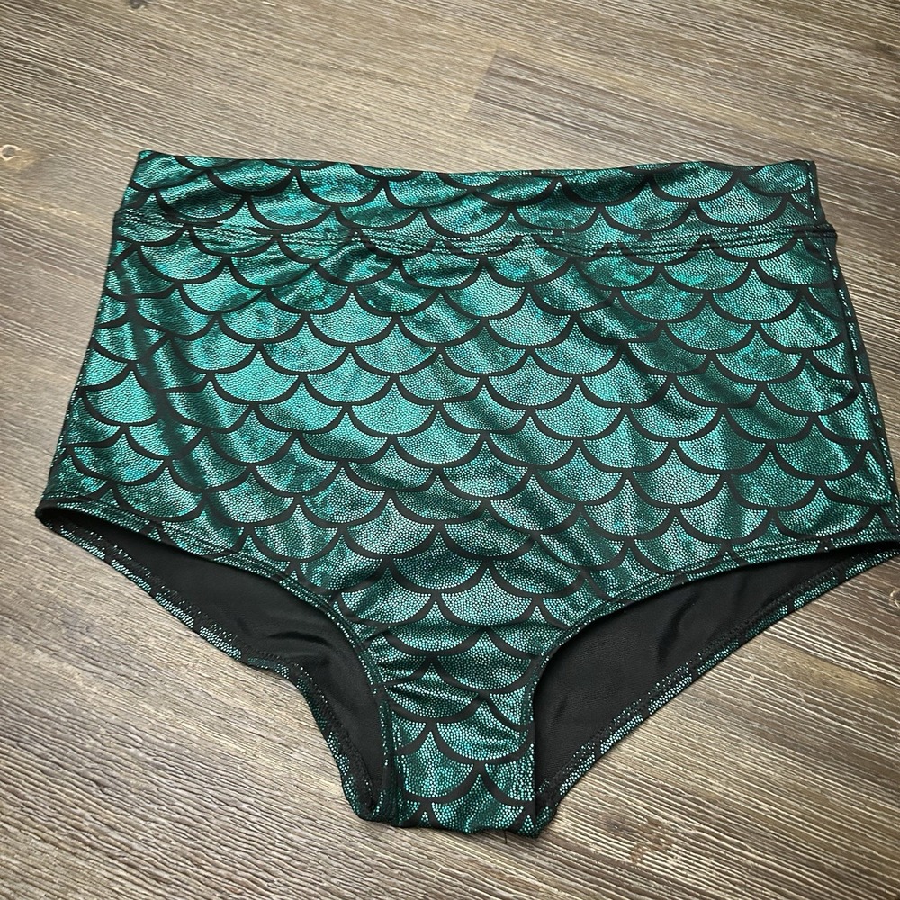 Sparkly Mermaid Scale‎ High Waisted Medium Bikini Bottoms Swimsuit Teal Green